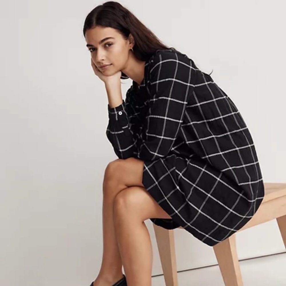 Collarless Flannel Mini Shirtdress in Windowpane